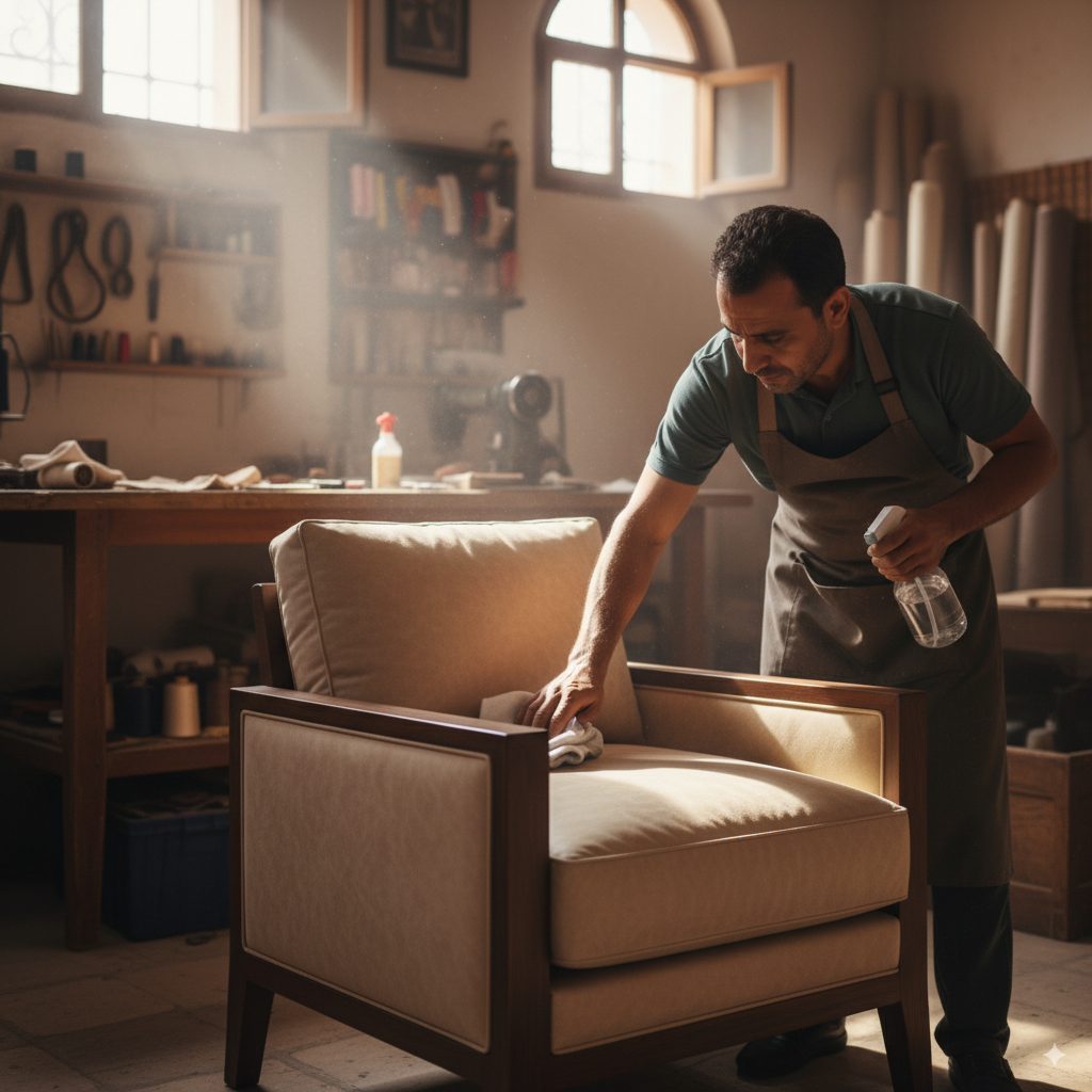 Artisan tapissier nettoyant un fauteuil en simili cuir.