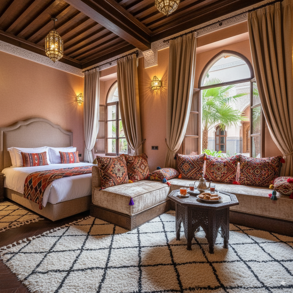 Chambre d’hôtes dans un riad marocain décorée en tapisserie – TapisserieX Marrakech.