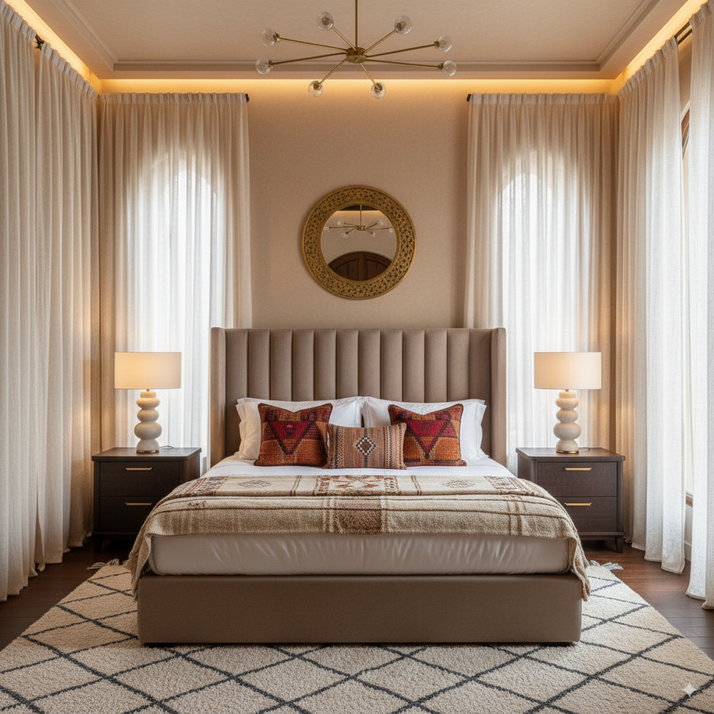 Chambre moderne avec tête de lit tapissée – TapisserieX Marrakech