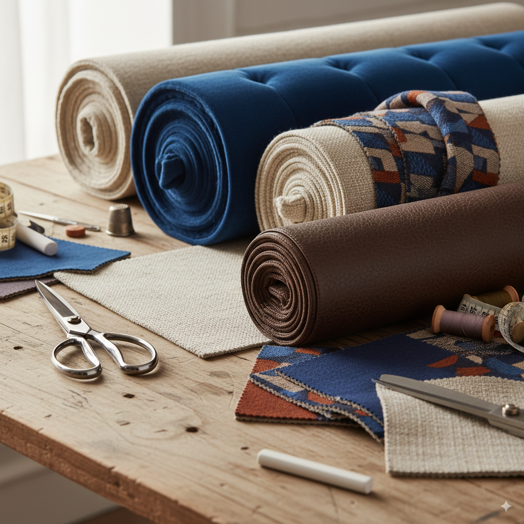 Échantillons de tissus pour fauteuils tapissiers modernes velours, lin, simili cuir et motifs décoratifs pour tapisserie salon Marrakech.