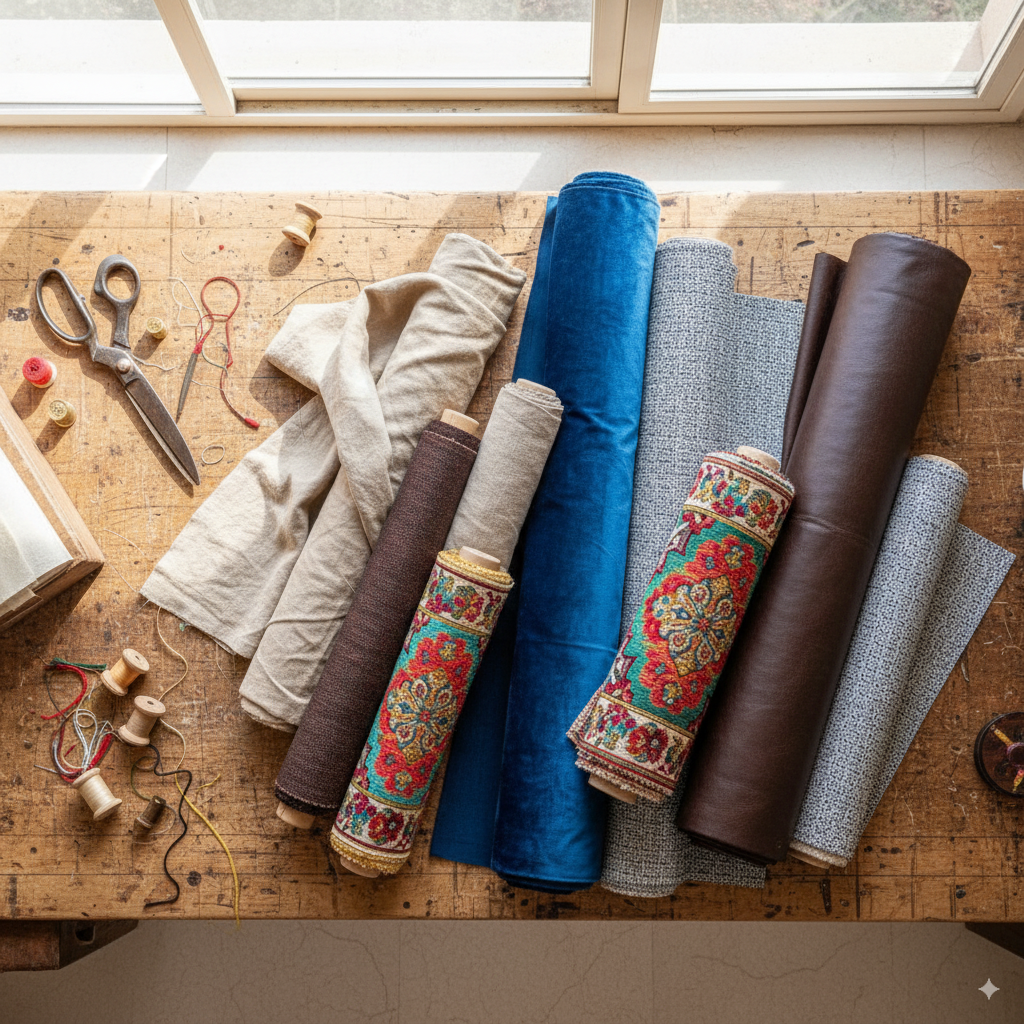 Rouleaux de tissus pour canapé tapisserie velours, lin, similicuir et tissus techniques dans un atelier à Marrakech.
