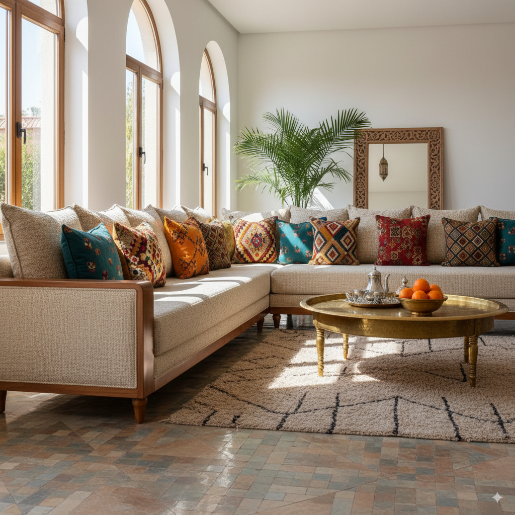 Salon marocain moderne en tissu beige avec accoudoirs en bois, décoré de coussins colorés. Exemple de tapisserie salon à Marrakech, illustrant le savoir-faire de la tapisserie marocaine.
