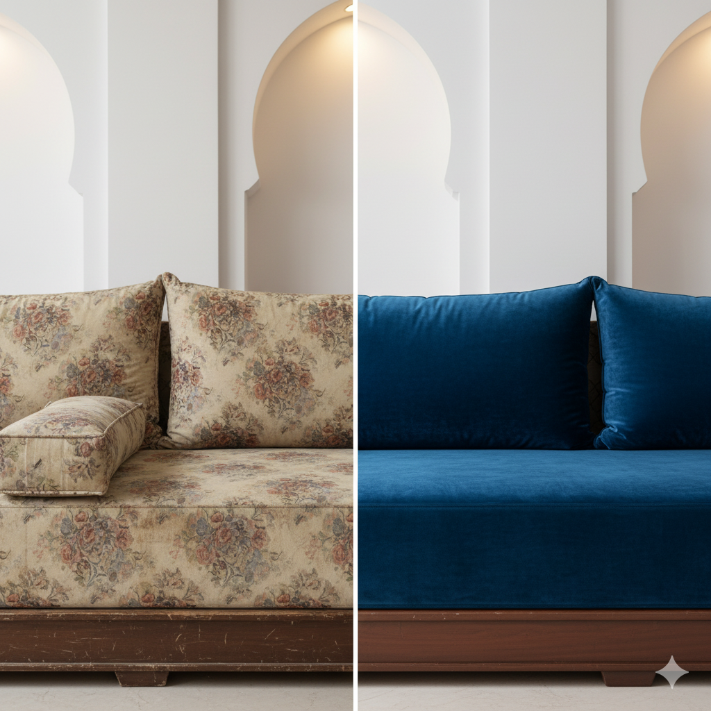 Avant et après rénovation de canapé par TapisserieX