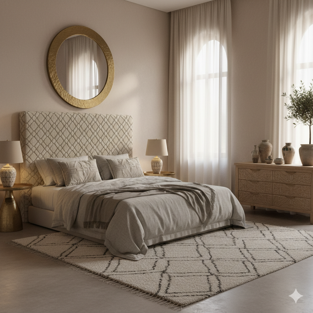 Chambre à coucher moderne avec tête de lit sur mesure à Marrakech.