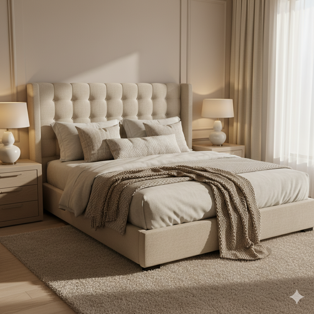 Chambre élégante avec tête de lit sur mesure à Marrakech.