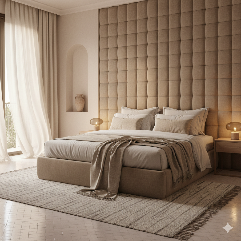 Chambre moderne avec tête de lit tapissée réalisée par TapisserieX