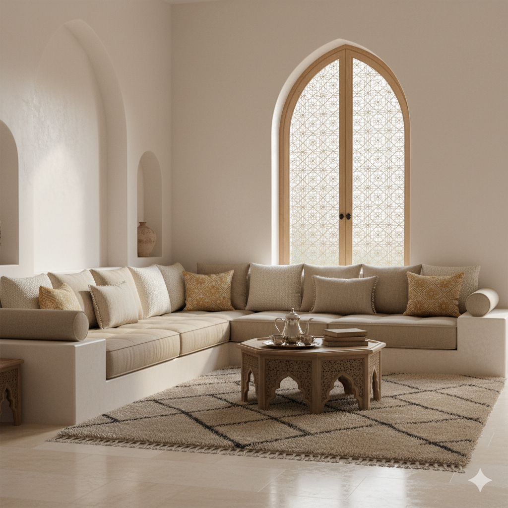 Salon marocain moderne tapissé par TapisserieX