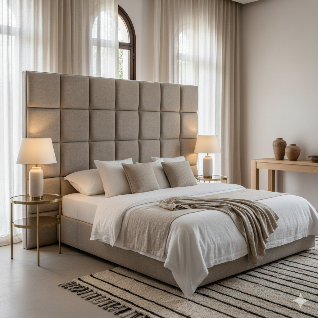 Tête de lit capitonnée sur mesure réalisée à Marrakech.