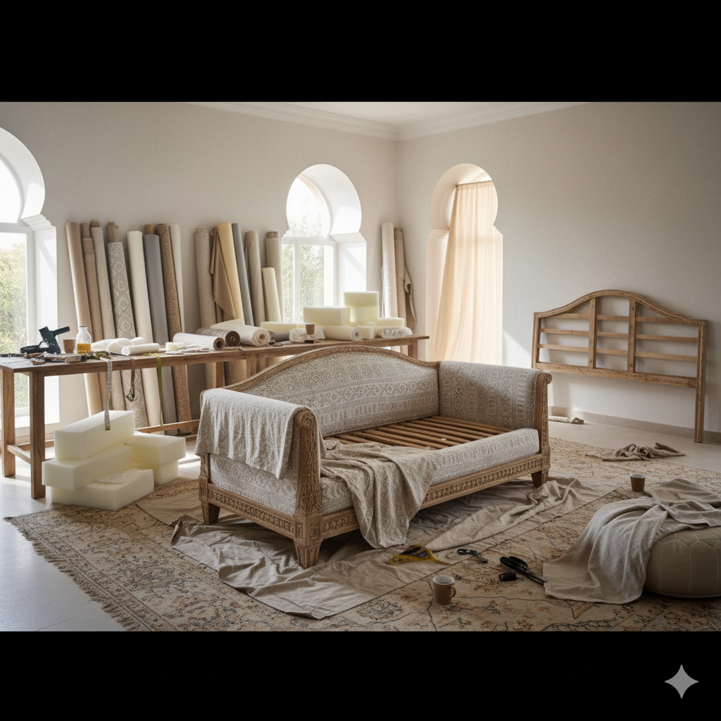 Travaux de tapisserie en cours chez un tapissier Marrakech.