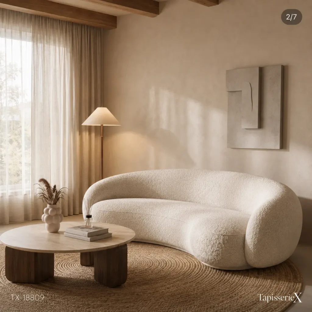 Canapé arrondi beige sur mesure à Marrakech – inspiration TapisserieX